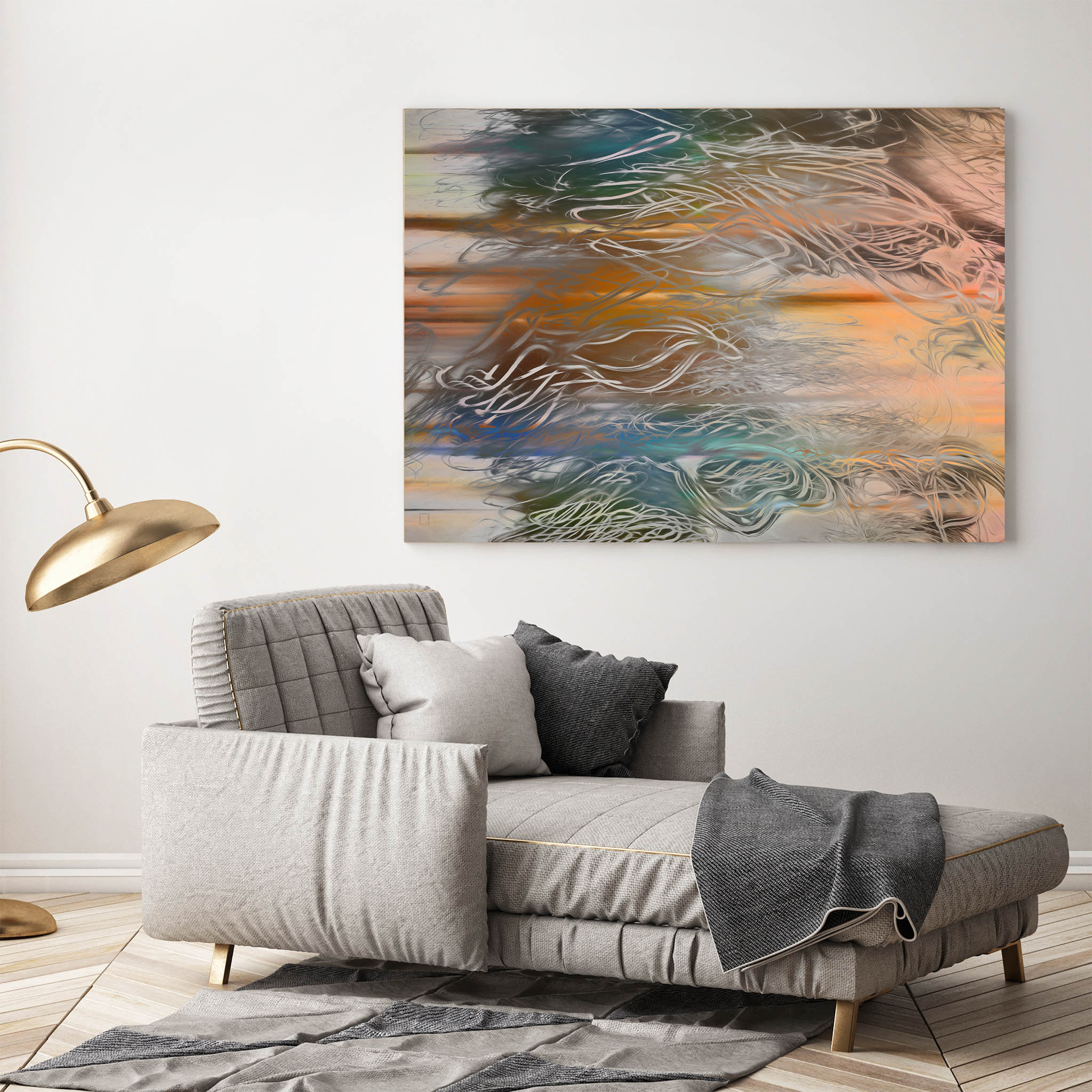 Colorful abstract picture in room.