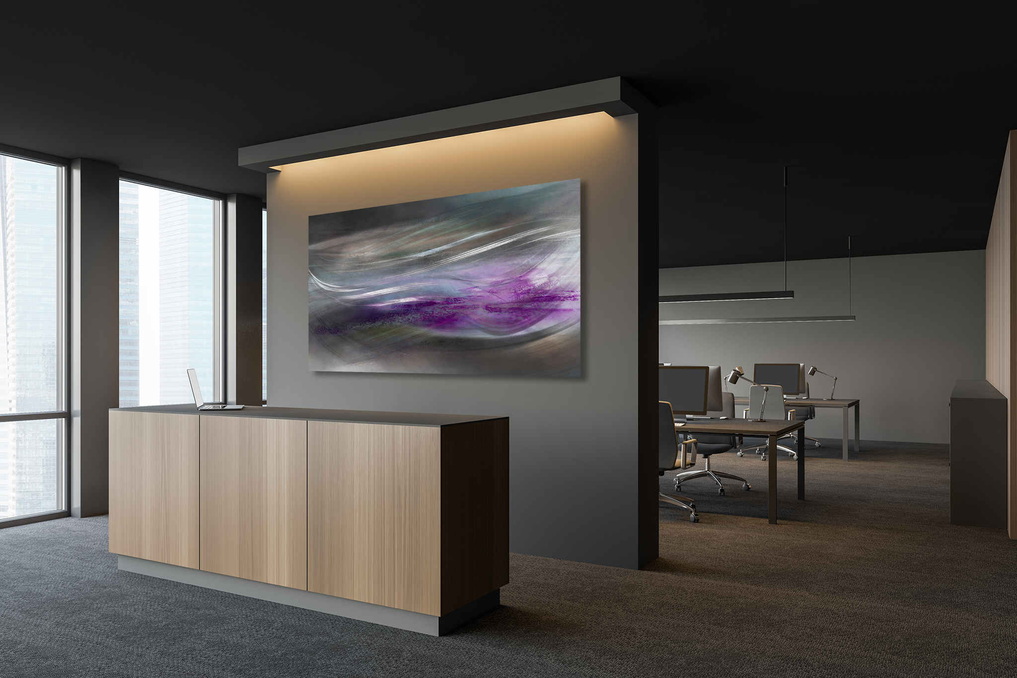 Purple and Gray Abstract Artwork in Office