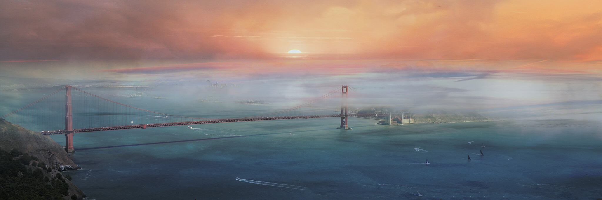 Golden Gate Bridge with sunrise.