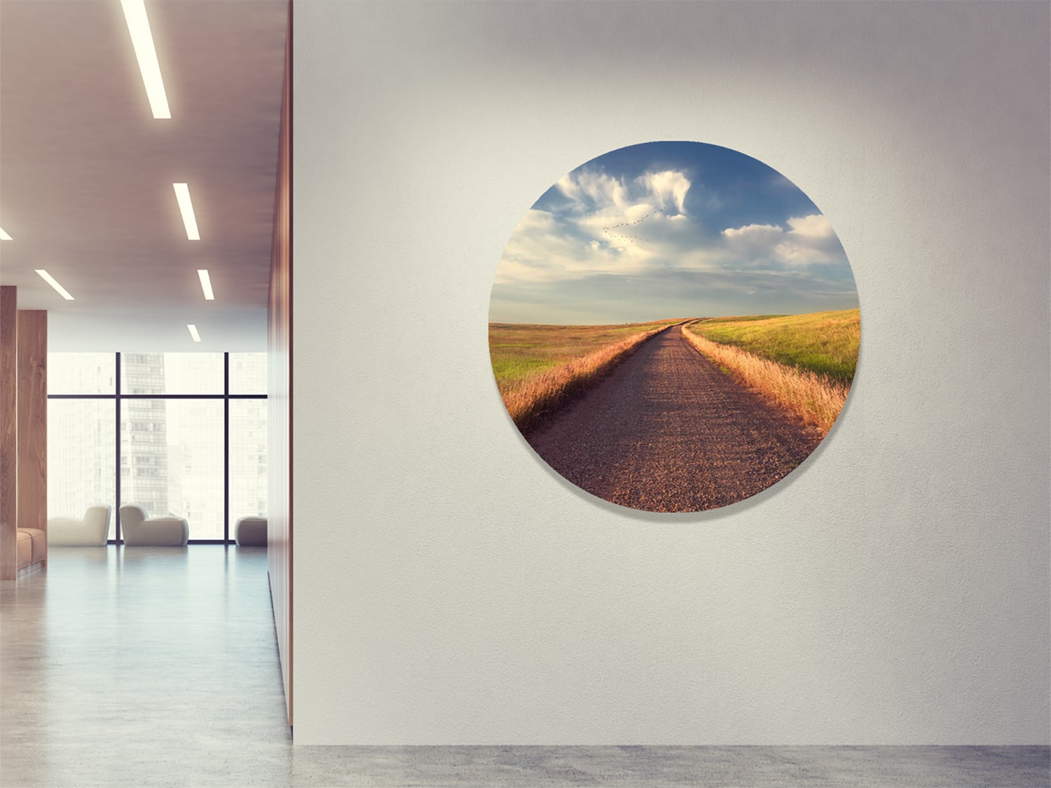 Round artwork on wall in office