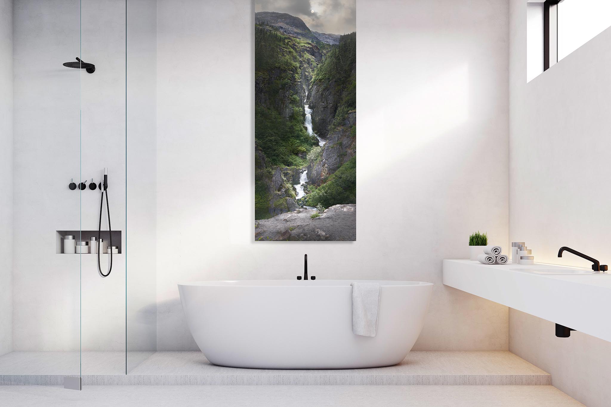 Tall Waterfall Artwork in Bathroom