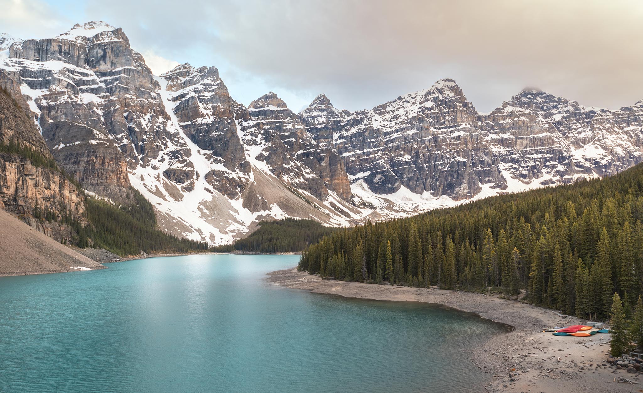 Colorful Canoes at Morraine Lake in Alberta