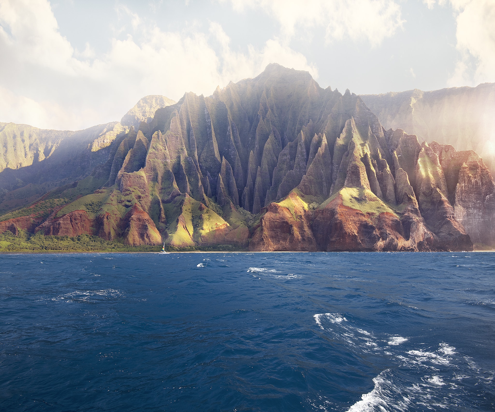 NaPali Coast with Sailboat in Kauai