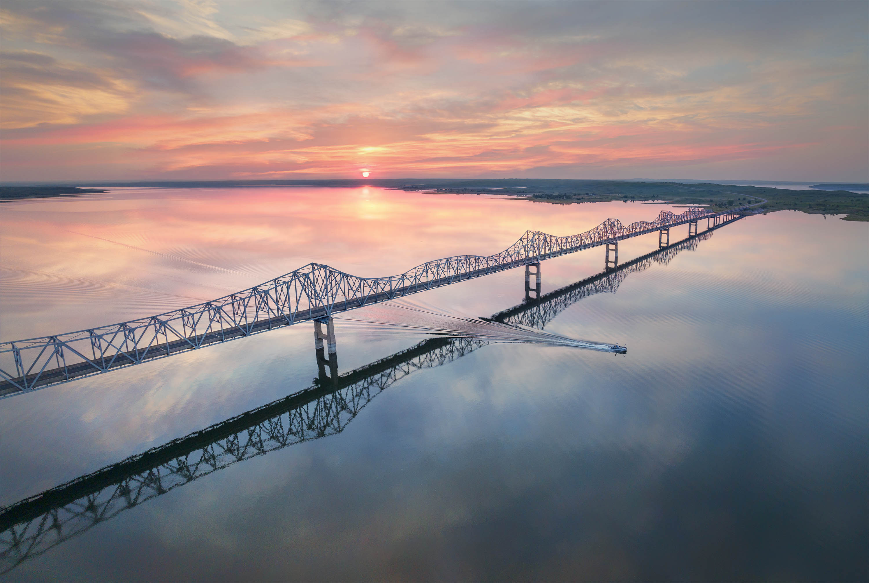 Beautiful Missouri Bridge River Sunset Aerial Photo