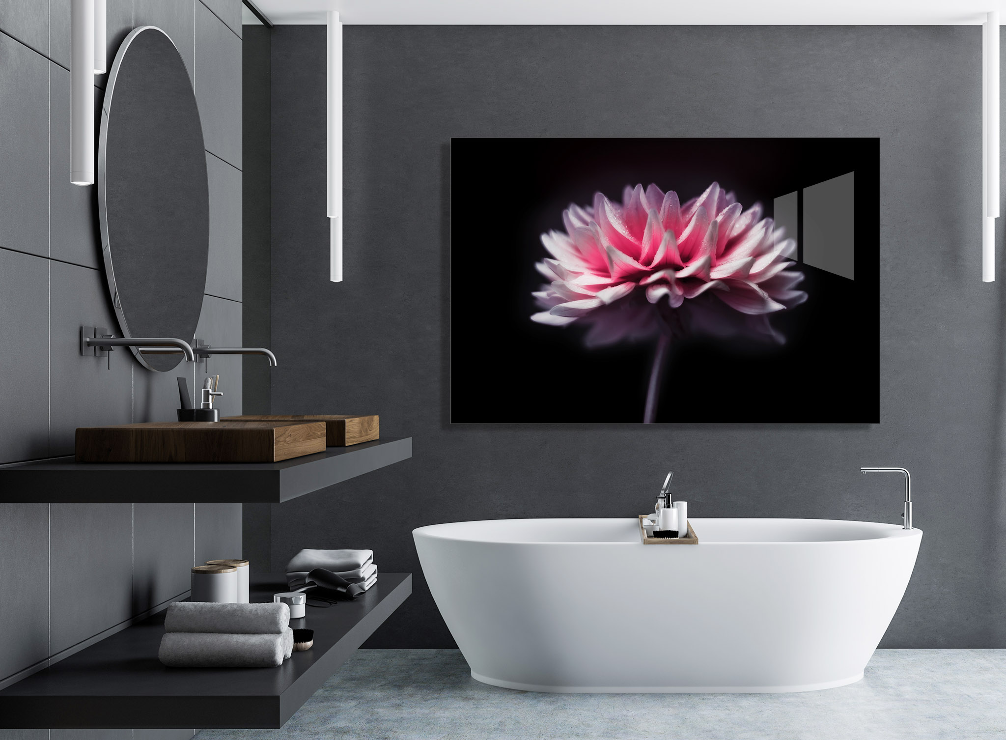 Magenta flower art on acrylic in bathroom