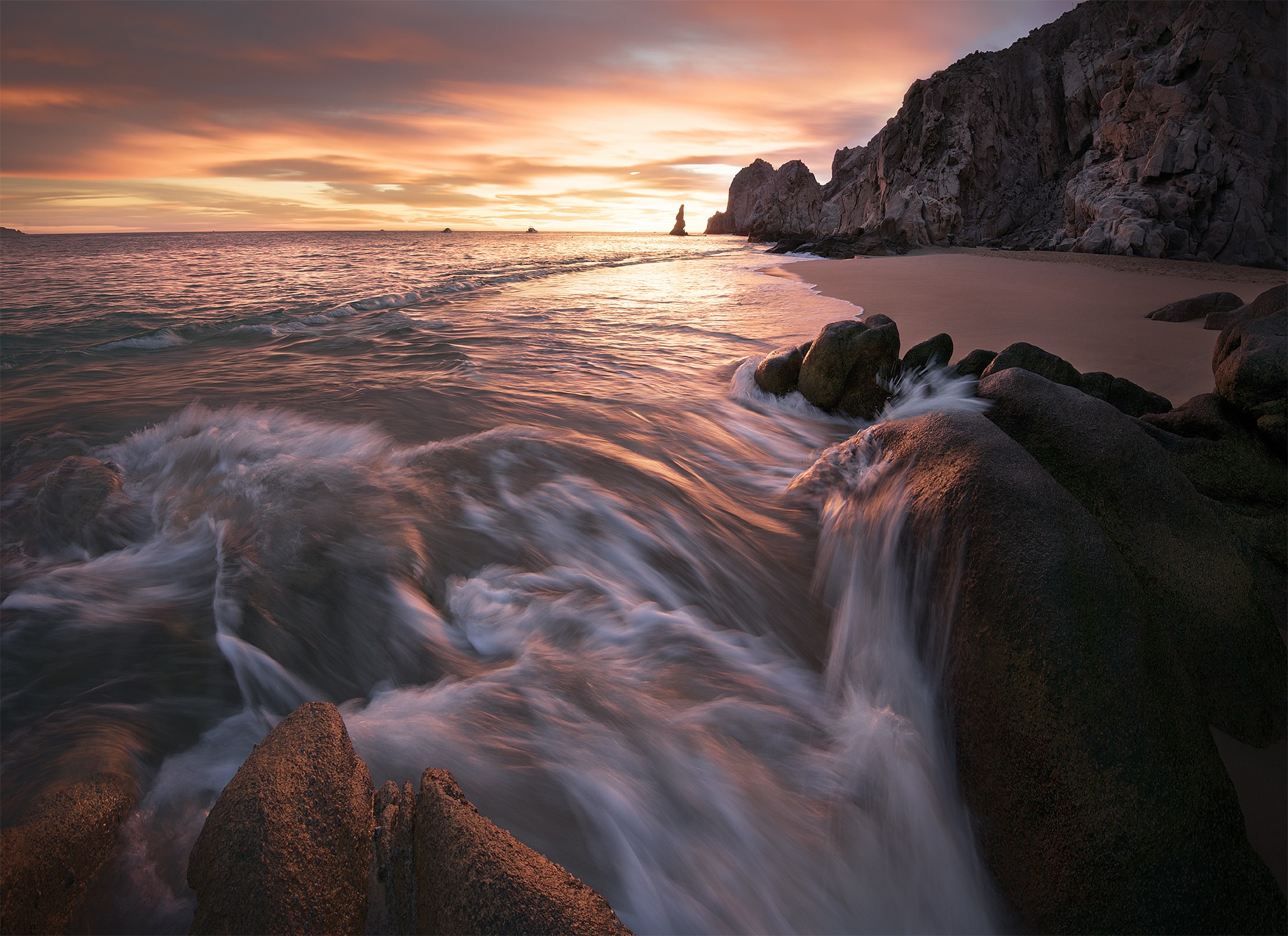 Seascape Sunrise with Waves and Rocks
